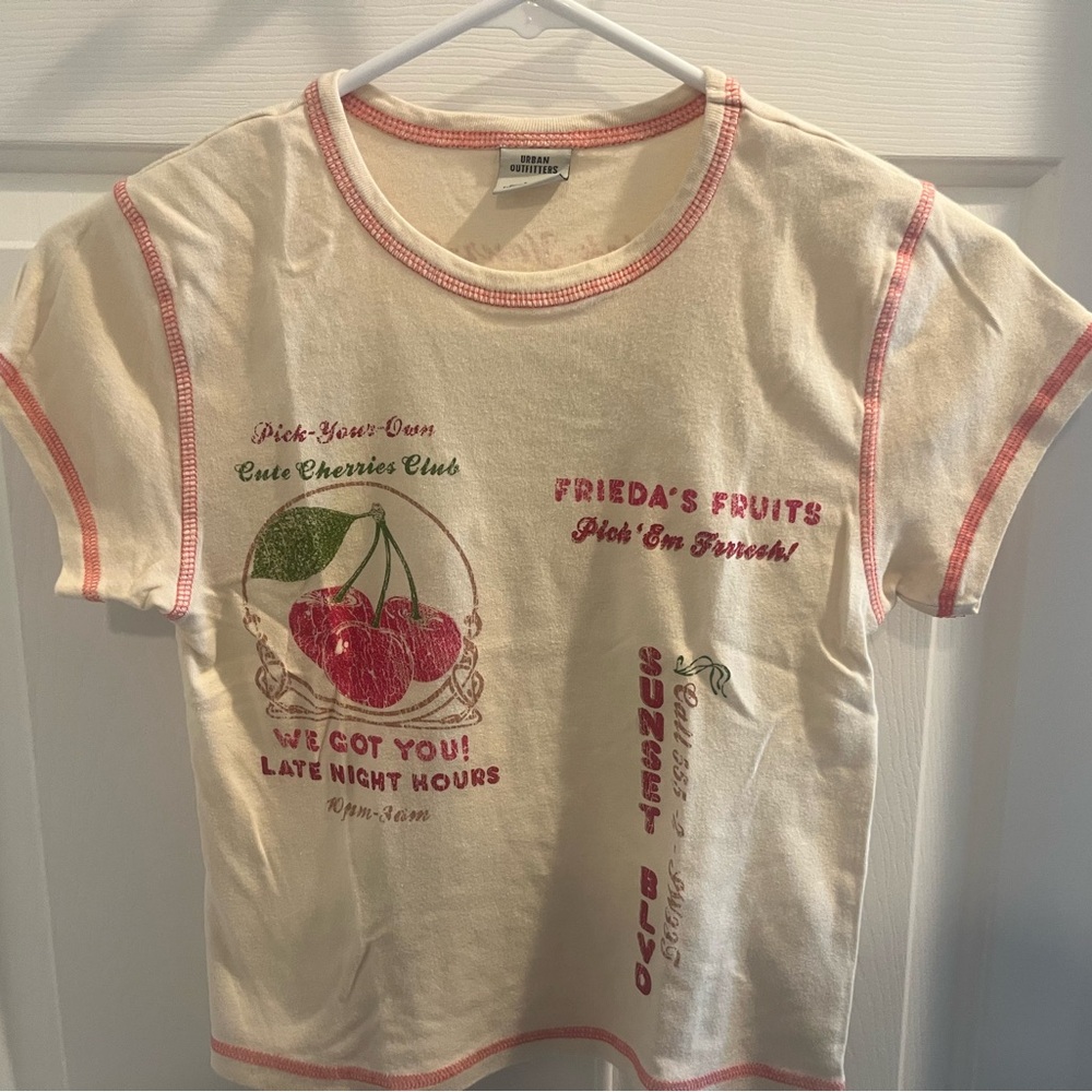 Urban Outfitters Women’s Cropped T- Ivory / Cream with Cherry Design- Perfect!